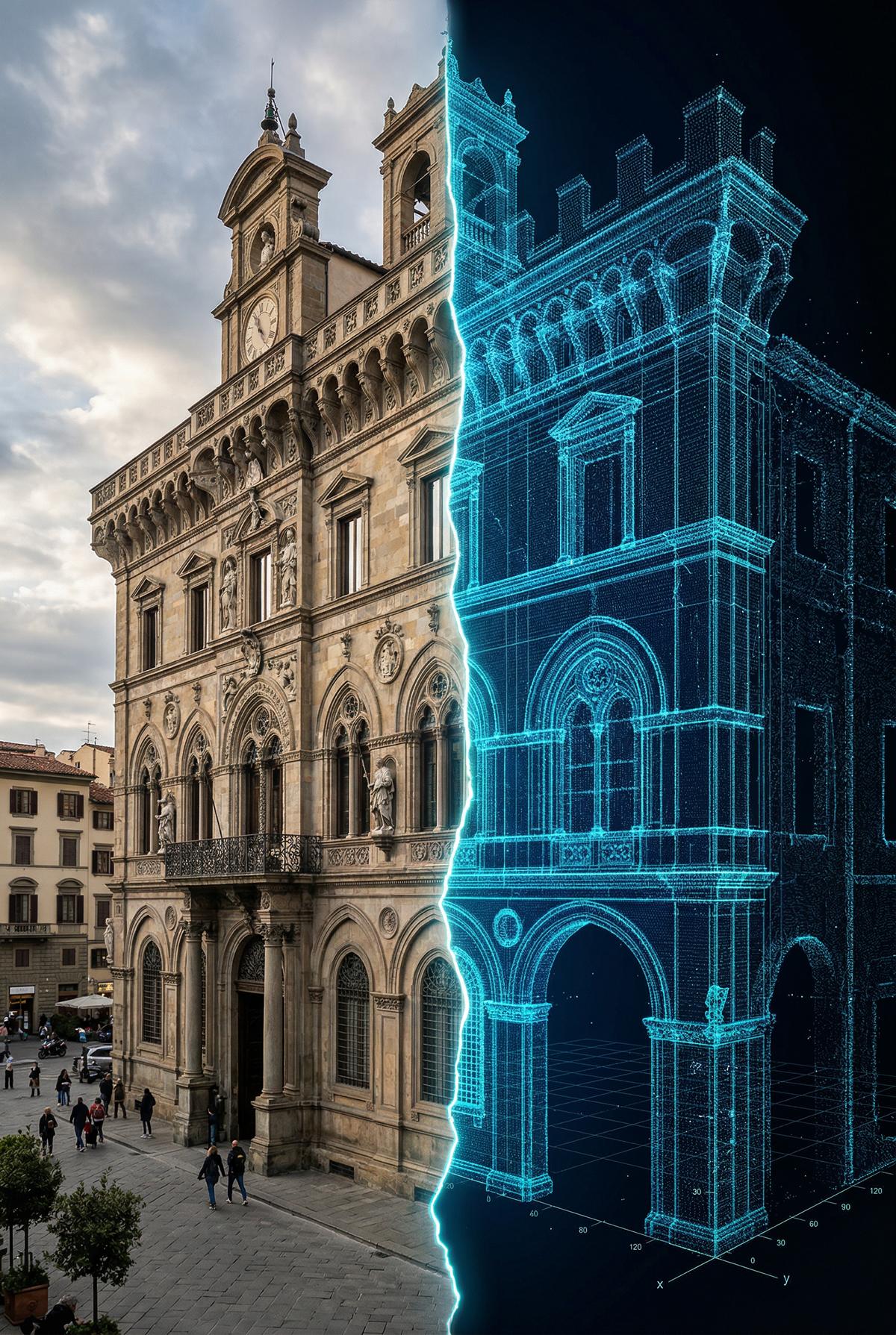 istorisches Gebäude im Vergleich mit blauer 3D-Punktwolke aus Laserscanning – digitale Bestandsaufnahme für Altbausanierung istorisches Gebäude im Vergleich mit blauer 3D-Punktwolke aus Laserscanning – digitale Bestandsaufnahme für Altbausanierung