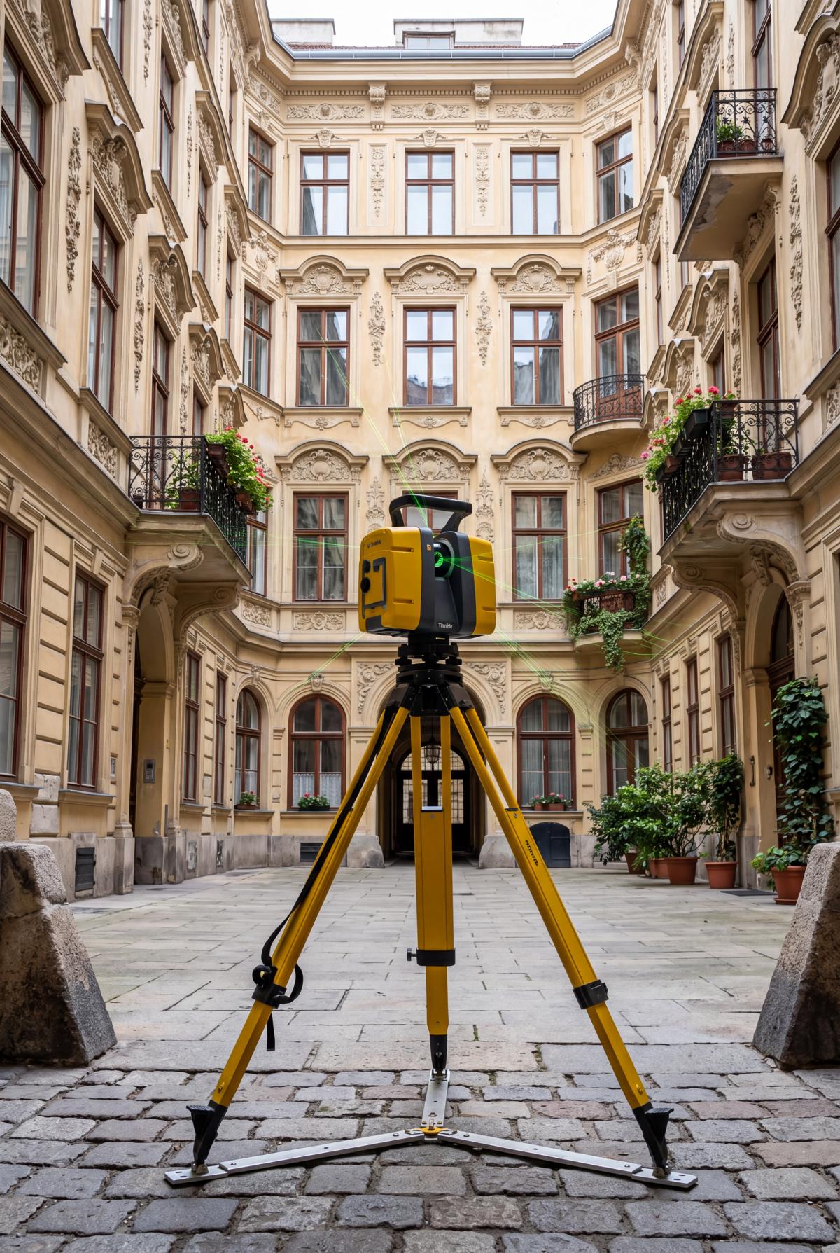 Terrestrischer 3D-Laserscanner erfasst berührungslos den Innenhof eines Wiener Altbaus für die Objektdokumentation per Punktwolke Terrestrischer 3D-Laserscanner erfasst berührungslos den Innenhof eines Wiener Altbaus für die Objektdokumentation per Punktwolke
