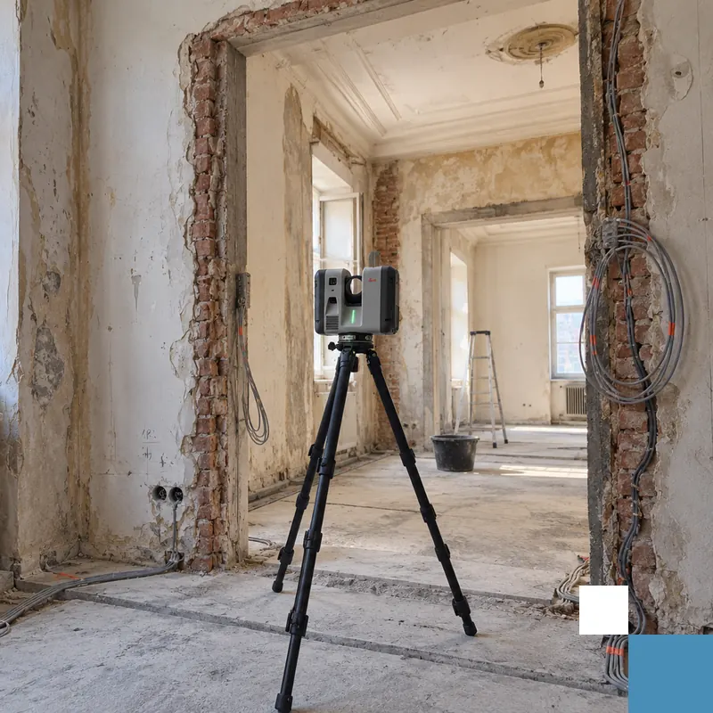 Wohnungsvermessung mit 3D-Laserscanner im Altbau 3D-Laserscanner auf Stativ bei der Wohnungsvermessung in einem Wiener Altbau